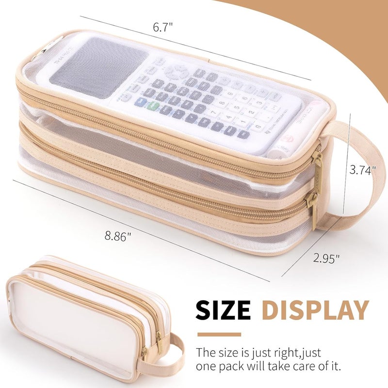 ANGOOBABY Large Grid Mesh Pencil Case 2 Compartment Pen Bag Clear Handheld Multifunction Pencil Pouch Transparent Makeup Bag for Teen Student College Business Travel Office Adult - Beige - Image 3